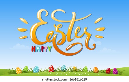 Colorful banner for the holiday. Happy Easter lettering against the background of a spring landscape, a green meadow with decorated eggs. Cartoon vector illustration