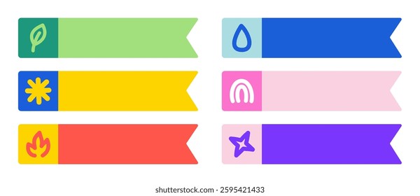 Colorful Banner Icon Set Featuring Nature, Stars, and Abstract Symbols, A Collection of Vibrant and Playful Banners with Artistic Icons Like Leaves, Stars, and Flames for Creative Design, Education