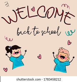 
colorful banner with illustrations "welcome back to school" drawn in childrens hand drawing style