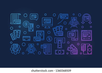 Colorful banner made with credit card, cash, banknote and money linear icons. Vector concept illustration on dark background