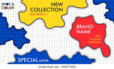 Colorful banner in modernism style. Modern composition of freeform shapes. Simple blue, yellow and red spots. Vector template