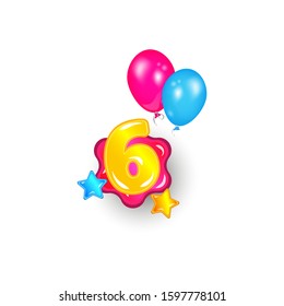 Colorful banner with number six among stars and balloons cartoon vector illustration isolated on white background. Font element for children's birthdays and kids holidays.