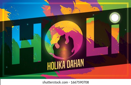Colorful banner with powder splashes and dark greeting commemorating the bonfire for the Holika Dahan -or burning of Holika- on the eve of Holi with full moon.