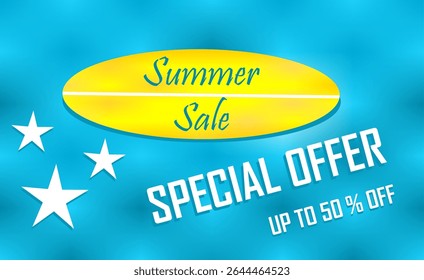Colorful banner of summer sales with a surfboard and the inscription - Summer Sale. Special offer. Up to 50%