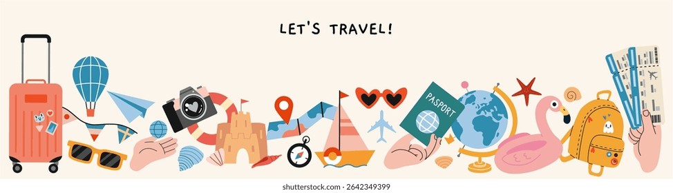 Colorful banner with summer travel icons including suitcase, map, passport, camera and beach items. Trendy modern vector illustration isolated on light background, hand drawn, flat design