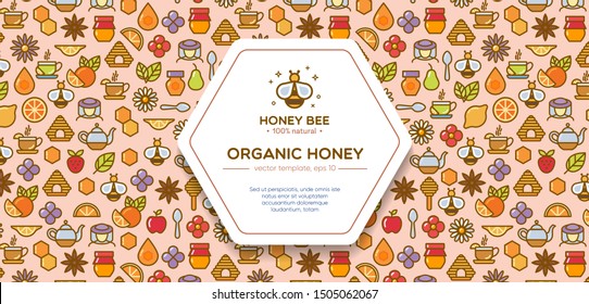 Colorful banner template with honey, bee, honeycomb. Design element, outline set, icons of honey symbols. Outline pattern with honey elements. Honey market badge. Beekeeping. Vector illustration