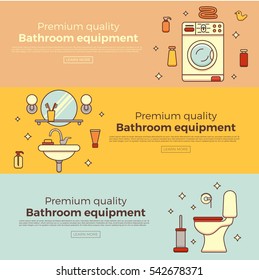 Colorful banner template set with bathroom equipment icons and symbols. Vector illustration in outline flat styler web site design element.