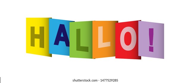 Colorful banner that says HELLO!. The letters are written on colored rectangles