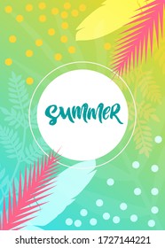 Colorful banner with tropical leaves, decorative elements. With hand calligraphy lettering summer. Template discount flyer, card for online shop, store, market. Vector illustration. Seasonal shopping