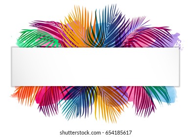 Colorful banner with tropical leaves and watercolor stains. Vector illustration with isolated design elements