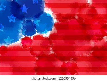 Colorful Banner with Watercolor Splash. Abstract American Flag Texture. Red and Blue Colored Banner Design.