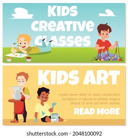 Colorful banners for advertise of art studio or creative class with happy kids making hand crafts. Boys drawing with paint and sculpt from clay. Flat cartoon vector illustration.