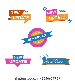 Colorful banners and badges featuring New Update text in various styles, perfect for announcements and promotions. Eye catching designs enhance visibility.