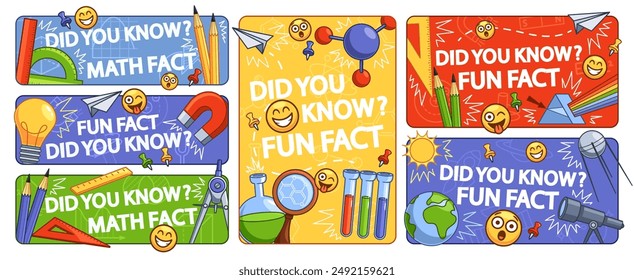 Colorful Banners Featuring Did You Know Facts, Including Math And Fun Facts. Vector Cards With Educational Elements