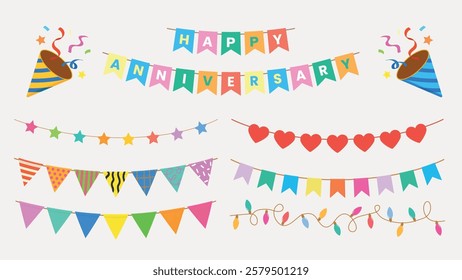 Colorful banners and garlands for celebrations. Includes 'Happy Anniversary' banner, star and heart garlands, and decorative pennants. Perfect for festive occasions. Party illustrations, vector set.