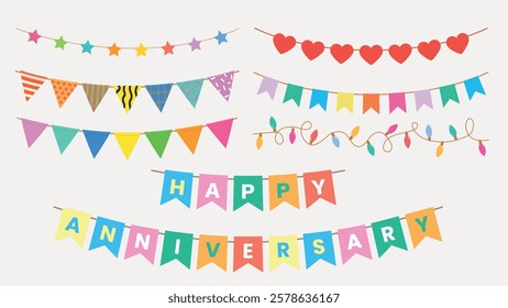 Colorful banners and garlands with stars, hearts, and flags. Festive decorations for celebrations. Bright, cheerful designs for parties and anniversaries. Party illustrations, isolated vector set.