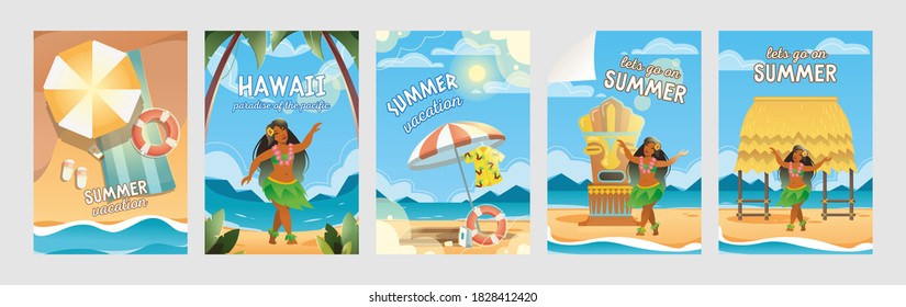 Colorful banners for Hawaii vacation vector illustration. Beach and sea on background with text. Summer vacation and travel concept. Template for promotion poster, advertising label or flyer
