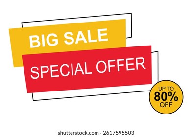Colorful banners highlight a big sale with special offers, showcasing discounts of up to 80 percent off on a variety of items in a striking vector design.