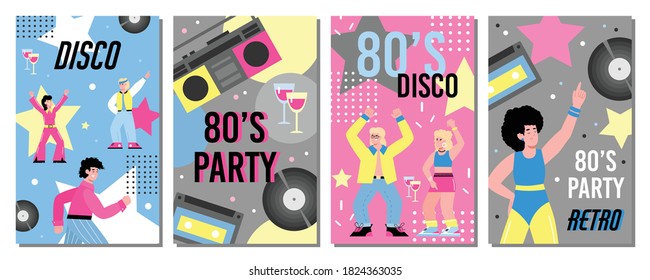 Colorful banners or placards set for retro 80s disco party, cartoon vector illustration. Invitation posters for eighties party with fashionable dancing people.