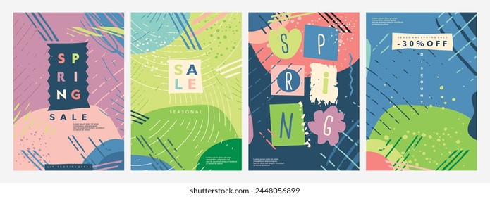 Coloridos Anuncios y carteles para la venta de moda de primavera de temporada. Conjunto de funky cubiertas y volantes. Ilustración vectorial de fondos abstractos.