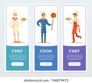 Colorful banners set with professional restaurant workers