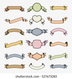 Colorful banners set retro style with eighteen isolated ribbons of various shape with place for text vector illustration