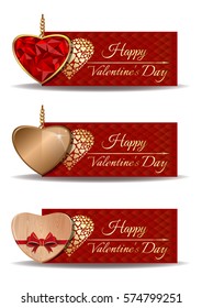 Colorful banners set for Valentine's Day. Golden heart, wooden heart, shaped ruby heart in a gold frame and greeting inscription. Vector illustration