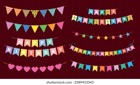 Colorful banners with text like 'Happy Birthday' and 'Congratulations' in various shapes and patterns. Perfect for celebrations and parties. Party illustrations, isolated element vector set.