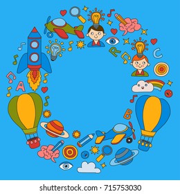 Colorful banners Vector set of doodle icons on following themes - creativity and inspiration, idea and imagination, innovation and discovery, think outside the box