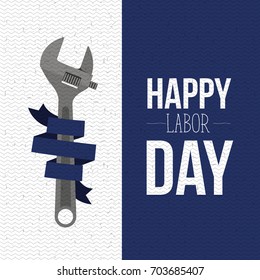 colorful banners with zigzag lines of happy labor day with spanner tool with blue ribbon decorative vector illustration