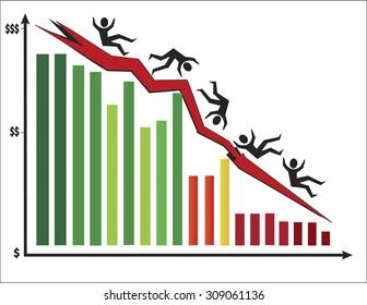 Colorful bar chart showing stock market crashing with men falling downing. Vector illustration format. Saved in illustrator 10. 