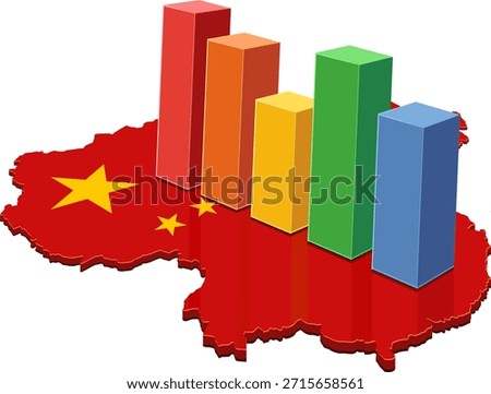 A colorful bar chart standing on an outline map of China painted with the national flag. Represents economic growth, statistics, and financial data. (cut out)