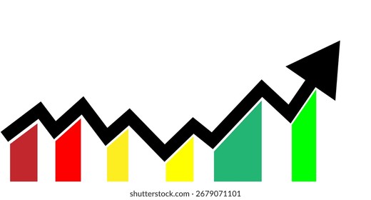 Gráfico de barras colorido com seta para cima simbolizando crescimento, sucesso, progresso e desenvolvimento de negócios.