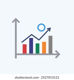 Gráfico de Barras Coloridas com Círculo e Seta de Crescimento para Cima. Ícones de Gráfico e Análise.