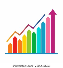 A colorful bar chart with an upward trend arrow