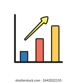 Colorful bar chart with upward yellow arrow showing business growth in minimal flat vector style
