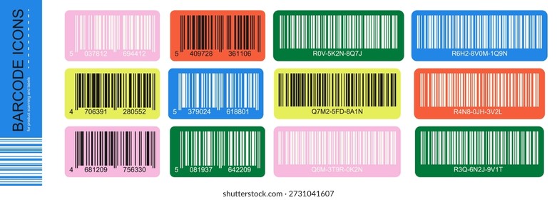 Colorido conjunto de iconos de código de barras con etiquetas rectangulares redondeadas. Etiquetas engomadas multicolores del código de barras con los números para la exploración y la Identificación del producto