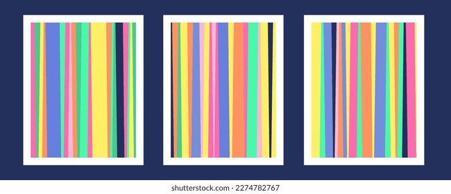 Colorful bar code wall art posters set. Abstract rainbow lines texture, geometric pattern. Y2k retro NTSC screen test. TV color bars brochure. Modern minimalistic home interior. Vector illustration.