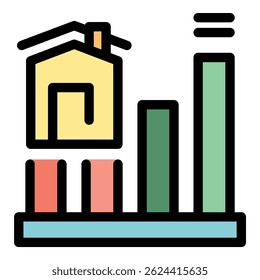 Colorful bar graph is increasing, symbolizing rising house prices in the real estate market