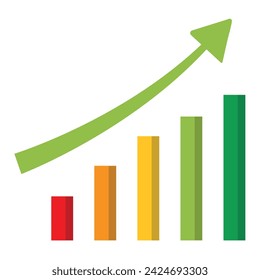 Gráfico de barras colorido que muestra el crecimiento progresivo con una flecha verde hacia arriba.