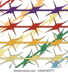 Colorful Barber Wire isolated white background. Rainbow Razor Wire in trendy minimal geometric style. Brutal prison fence collection. Vector illustration can used web design. EPS 10
