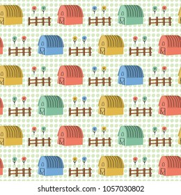 Colorful barn farm pattern. A playful, modern, and flexible pattern for brand who has cute and fun style. Repeated pattern. Happy and bright mood.