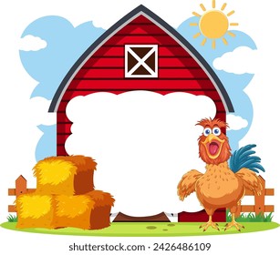 Colorful barnyard illustration with a happy rooster.