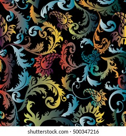 Colorful baroque damask medieval floral vector seamless pattern wallpaper illustration with vintage antique decorative baroque 3d flowers leaves ornaments.Baroque colorful ornament with paisleys