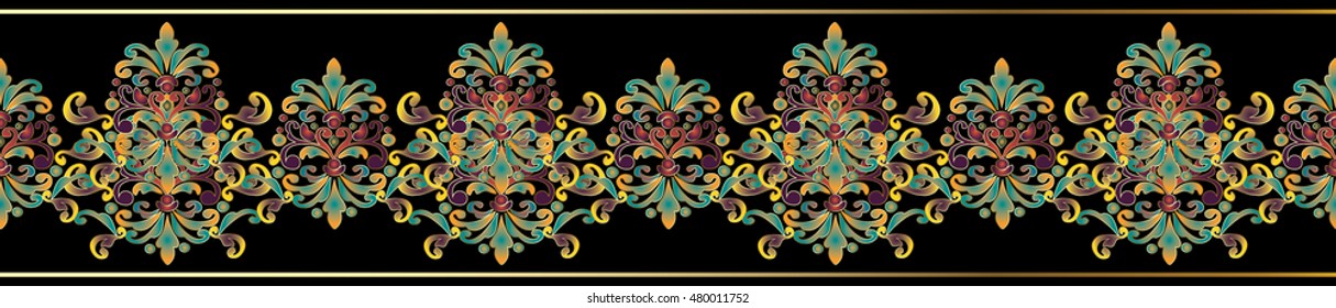 Colorful baroque damask vector seamless border pattern wallpaper illustration with antique ornaments  on the black background.  Modern stylish 3d ornament elements with shadows and highlights.