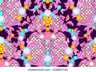 colorful baroque floral pattern with butterflies. seamless background for your design