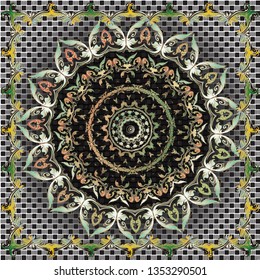 Colorful Baroque mandala seamless  pattern. Square vintage frame. Vector grid lace background. Luxury floral baroque ornaments in Victorian style. Modern ornamental backdrop. Beautiful ornate design