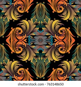 Colorful baroque seamless pattern. Floral vector black background. Vintage wallpaper. Damask flowers, scroll leaves, dots, swirls and antique baroque ornaments in Victorian style. Luxury bright design