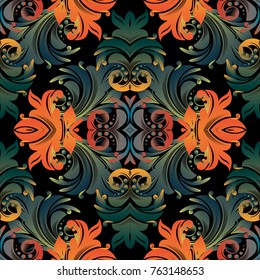 Colorful baroque seamless pattern. Floral vector black background. Vintage wallpaper. Damask flowers, scroll leaves, dots, swirls and antique baroque ornaments in Victorian style. Luxury bright design