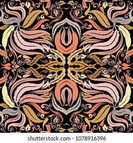 Colorful Baroque seamless pattern. Vector floral ornamental leafy background. Autumn motif. Patterned ornate design with vintage hand drawn leaves in baroque style. Elegance pastel colors. For fabric